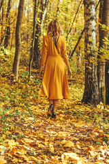 Young beautiful girl in a yellow long dress walks in autumn park with fallen leaves