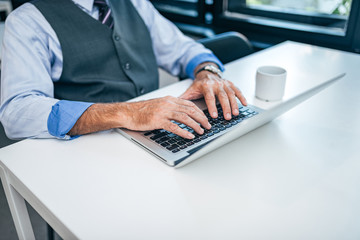 Mature man using laptop. Close-up.