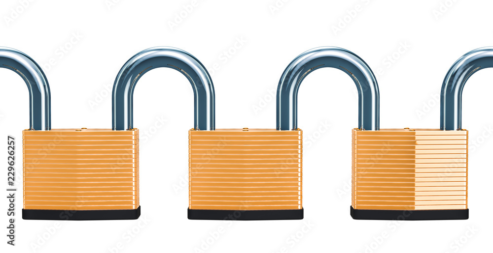 Poster security concept. connected padlocks in chain, 3d rendering