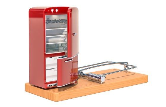 Refrigerator inside mousetrap. Diet concept, 3D rendering