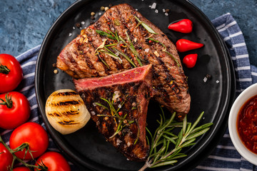 Steak beef. Beef steak medium with red pepper, aromatic herbs and fried onion