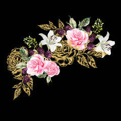 Wreath with gold graphic and watercolor flowers. Rose, lily and berries.