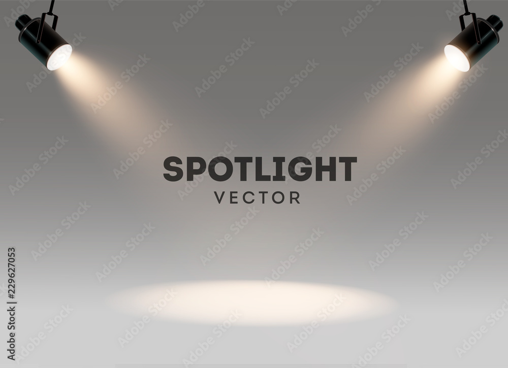 Wall mural spotlights with bright white light shining stage vector set. illuminated effect form projector, illu