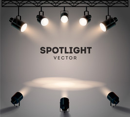 Fototapeta Spotlights with bright white light shining stage vector set. Illuminated effect form projector, illustration of projector for studio illumination obraz