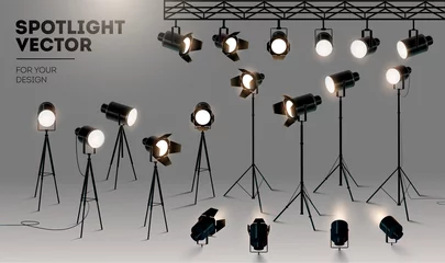 Rolgordijnen Spotlights realistische transparante achtergrond voor show wedstrijd of interview vectorillustratie © Vitaliy