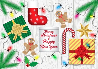 Christmas and new year greetings, vector illustration, Christmas cookies, spruce branches,garland, star, wand, gifts, Shoe, postcard, banner, poster