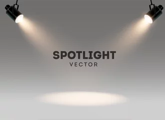 Zelfklevend Fotobehang Schijnwerpers met helder wit licht schijnt podium vector set. Verlichte effectvorm projector, illustratie van projector voor studioverlichting © Vitaliy