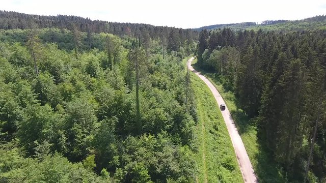 A car driving on a dirt road in the forest. View by drone, Verdun forest