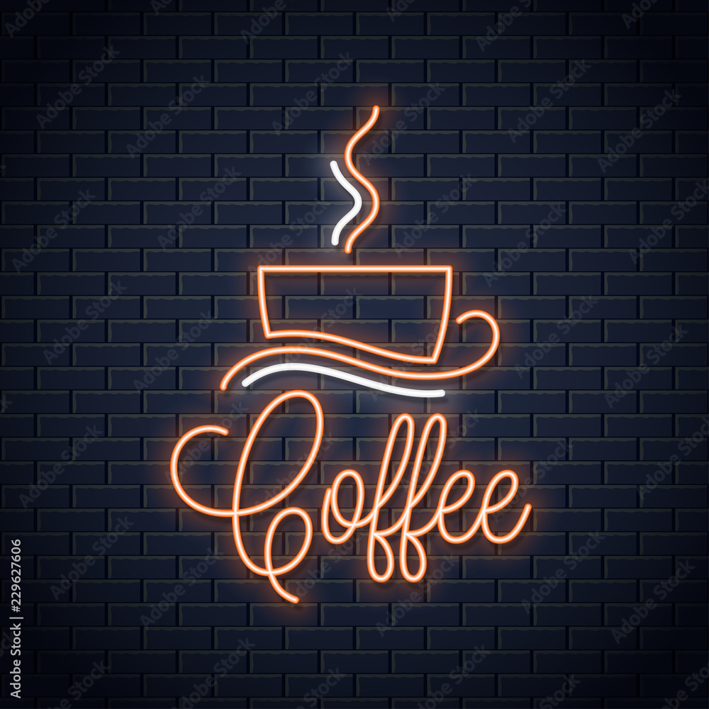 Wall mural Coffee neon banner. Coffee cup neon sign on wall background