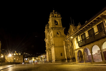 Fototapeta na wymiar Night view from Plaza de Armas in Cuzco.