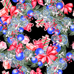 Hand painted merry christmas seamless pattern with watercolor Christmas tree, balls of blue colors, gifts and toys.