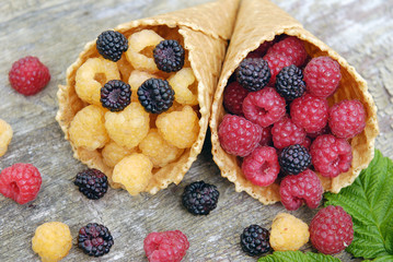 Raspberry red, yellow and black in waffle cups on a gray wooden background.
