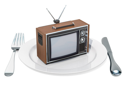 TV set on a plate. TV dependence and brainwash concept, 3D rendering