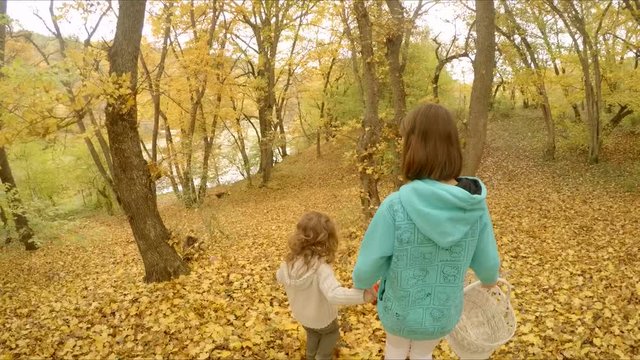 The children stopped in the woods to play with the leaves.