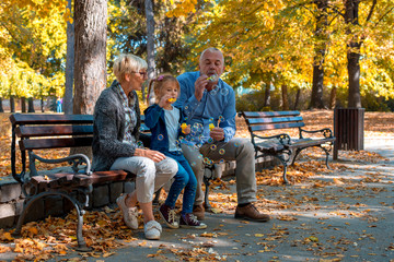 Grandparents enjoying day with granddaughter while blowing soap bubbles in the park