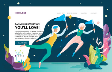 Dream concept illustration. Vector illustration in simple modern style - people achieve their goals, make dreams come true, background for website, banner, cover. Fantasy scene. future people in space