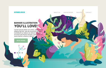 Fototapeta premium Modern site banner nature theme. Fantasy modern design. Fantasy leaves background template. Dreaming fantasy illustration. 
