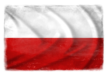  The Polish flag waving from the wind, proudly waving in the wind with traces of use in battle and destruction from difficult warfare 