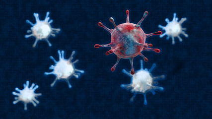 Obraz premium Virus, influenza, vista di un virus al microscopio, malattia infettiva. Batteri e germi propagazione