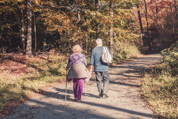 Two old people a man and a woman are walking the trail in the autumn forest