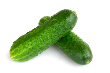 Fresh green cucumbers on a white background. Two cucumbers closeup isolated on white background.