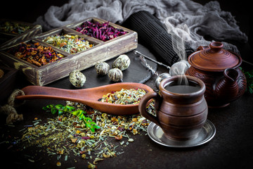 Tea in a cup on an old background