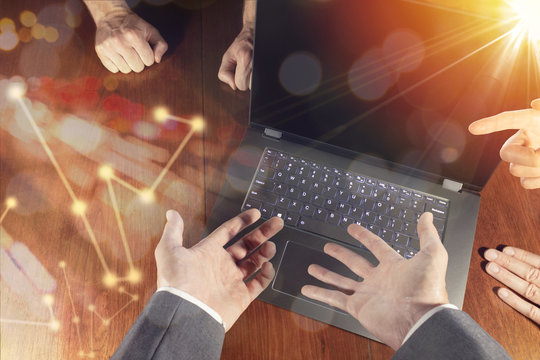 Stock market investment concept gain and profits with candlestick charts and numbers while financial business team debates and meets to discuss.