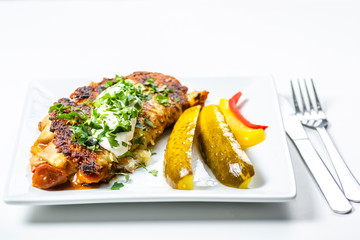 potato pie served with pork stew