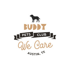 Buddy, pet club logo template. Pet silhouette label illustration isolated on white background. Modern animal badge for veterinary clinic, pet food. Animal typography logotype. Stock 
