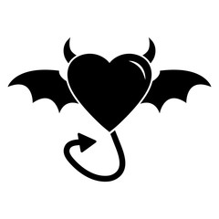 Simple, flat, black (silhouette) devil heart icon. Heart with wings and a tail. Isolated on white