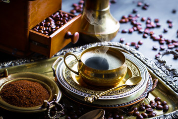 Black coffee on old background