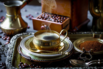 Black coffee on old background