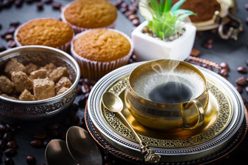 Black coffee on old background