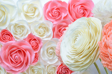 Large Giant Paper Flowers. Big pink, white, beige Rose, peony made from paper. Pastel paper background pattern lovely style. Flower made from corrugated paper and EVA Foam Paper