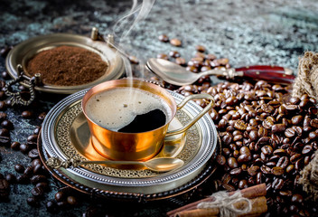 Black coffee on old background