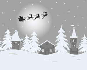 Fairy tale winter landscape. Santa Claus is riding across the sky on deers. There are fantastic lodges and fir trees on a gray background in the picture. It can be used as a seamless border. Vector