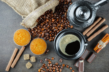 Black coffee on old background