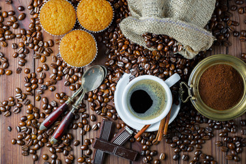 Black coffee on old background