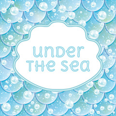 Party invitation. Glittered fish scales, kawaii mermaid stiker and frame. Vector illustration