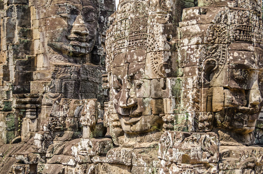Smiling stone faces of the Bayon temple in Angkor Thom in Cambodia