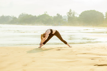 Fototapeta na wymiar girl doing yoga by the ocean on the beach