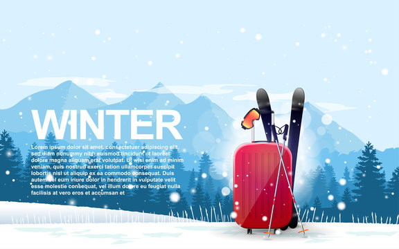 Winter banner concept with red suitcase and mountain on background. 