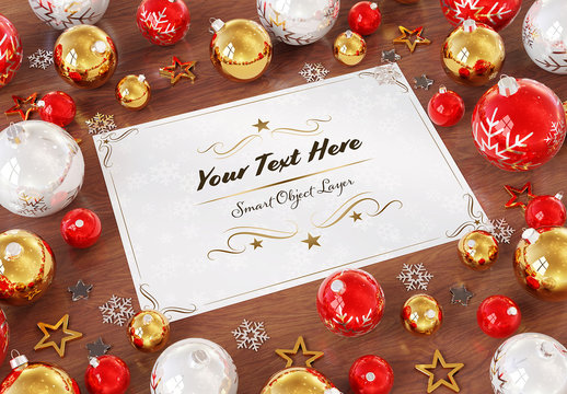Christmas Card with Ornaments on Wooden Table Mockup