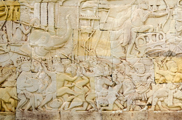 A scene from the gallery of the Bayon temple in Angkor Thom showing a Khmer army on the march