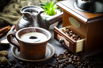 Black coffee on old background