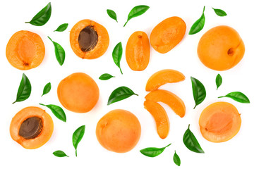 Apricot fruits isolated on white background. Top view. Flat lay pattern