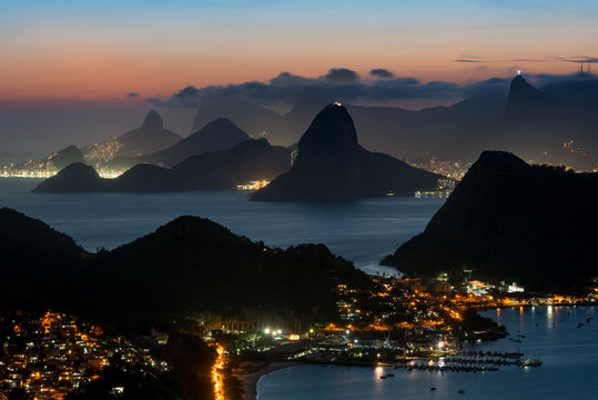 Night View of Niteroi and Rio de Janeiro with Mountains, from the City Park