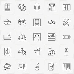 Catalog line icon set with tureen , dress and game joystick