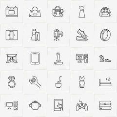 Catalog line icon set with tablet, curtain and car battery