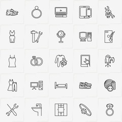 Catalog line icon set with bed, ring and mobile cover